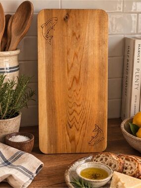 Hand Crafted Natural Wood Serving Board with Fish Engravings